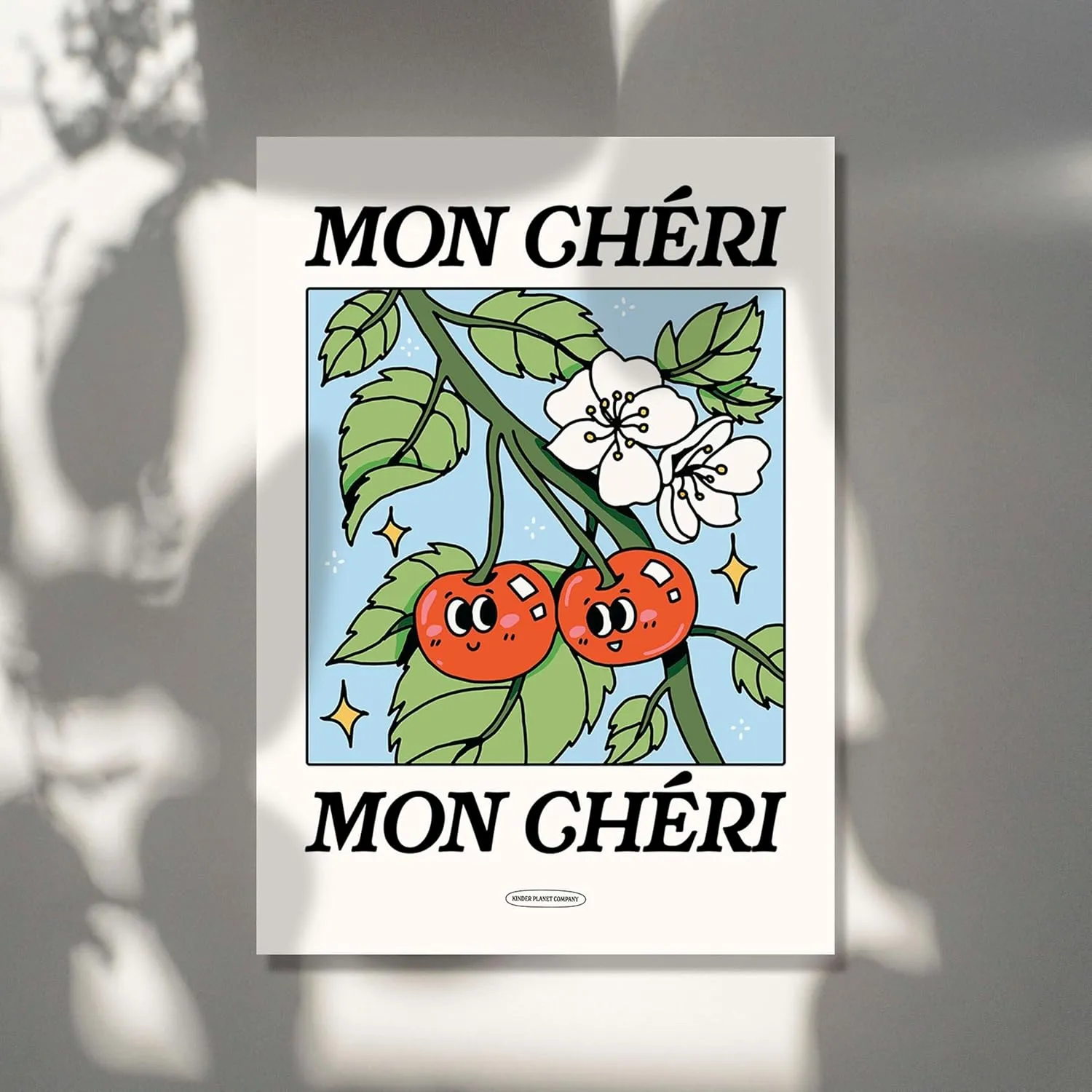 MESSNER2024 Mon Cheri French Cherry Poster Botanical Print Flower Market Flowers Retro Art Blue Large Prints Unframed