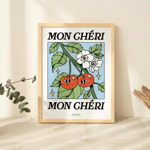MESSNER2024 Mon Cheri French Cherry Poster Botanical Print Flower Market Flowers Retro Art Blue Large Prints Unframed