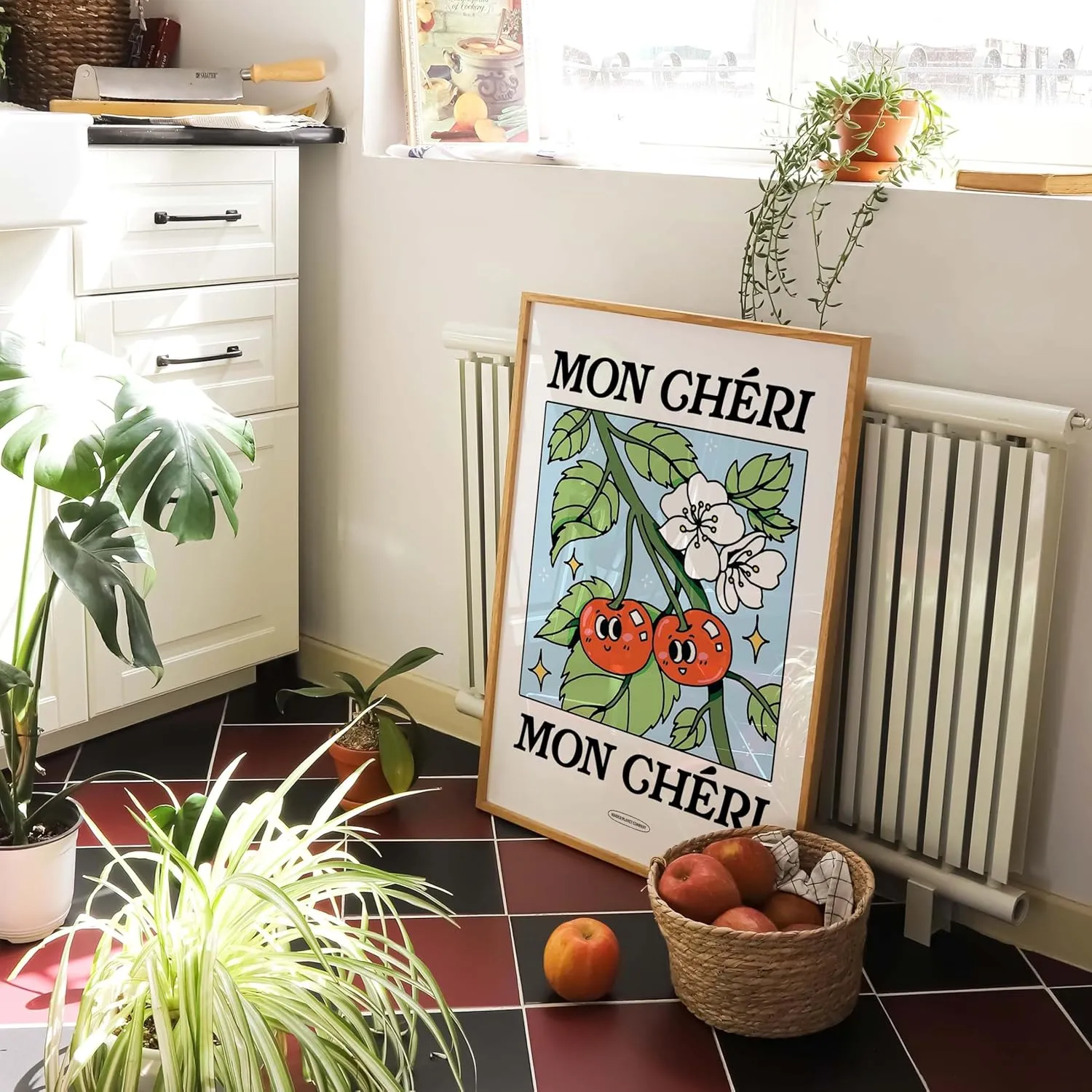 MESSNER2024 Mon Cheri French Cherry Poster Botanical Print Flower Market Flowers Retro Art Blue Large Prints Unframed