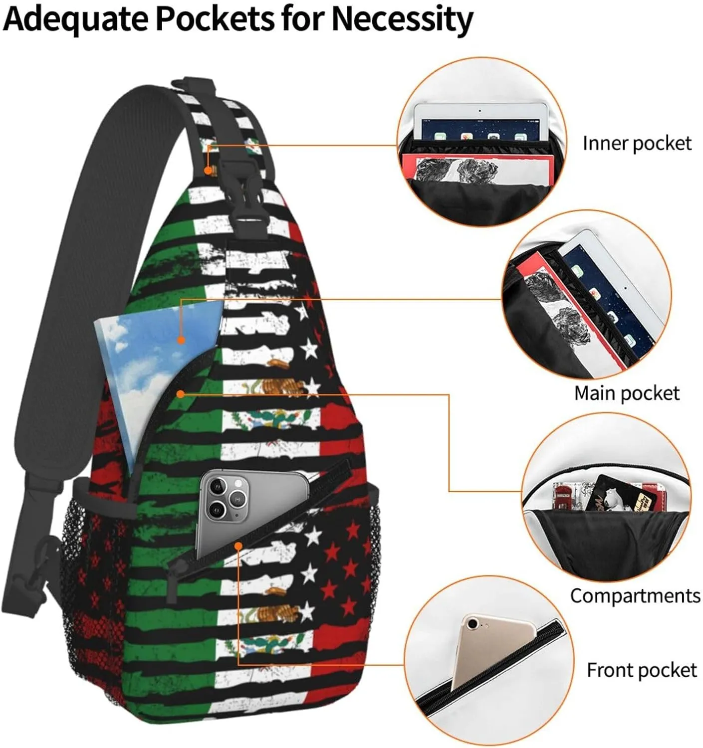 Mexican American Pride Usa Flag Mexico Roots Chest Sling Bag Crossbody Shoulder Backpack Bag Gym Cycling Daypack Travel Hiking Cross Bag