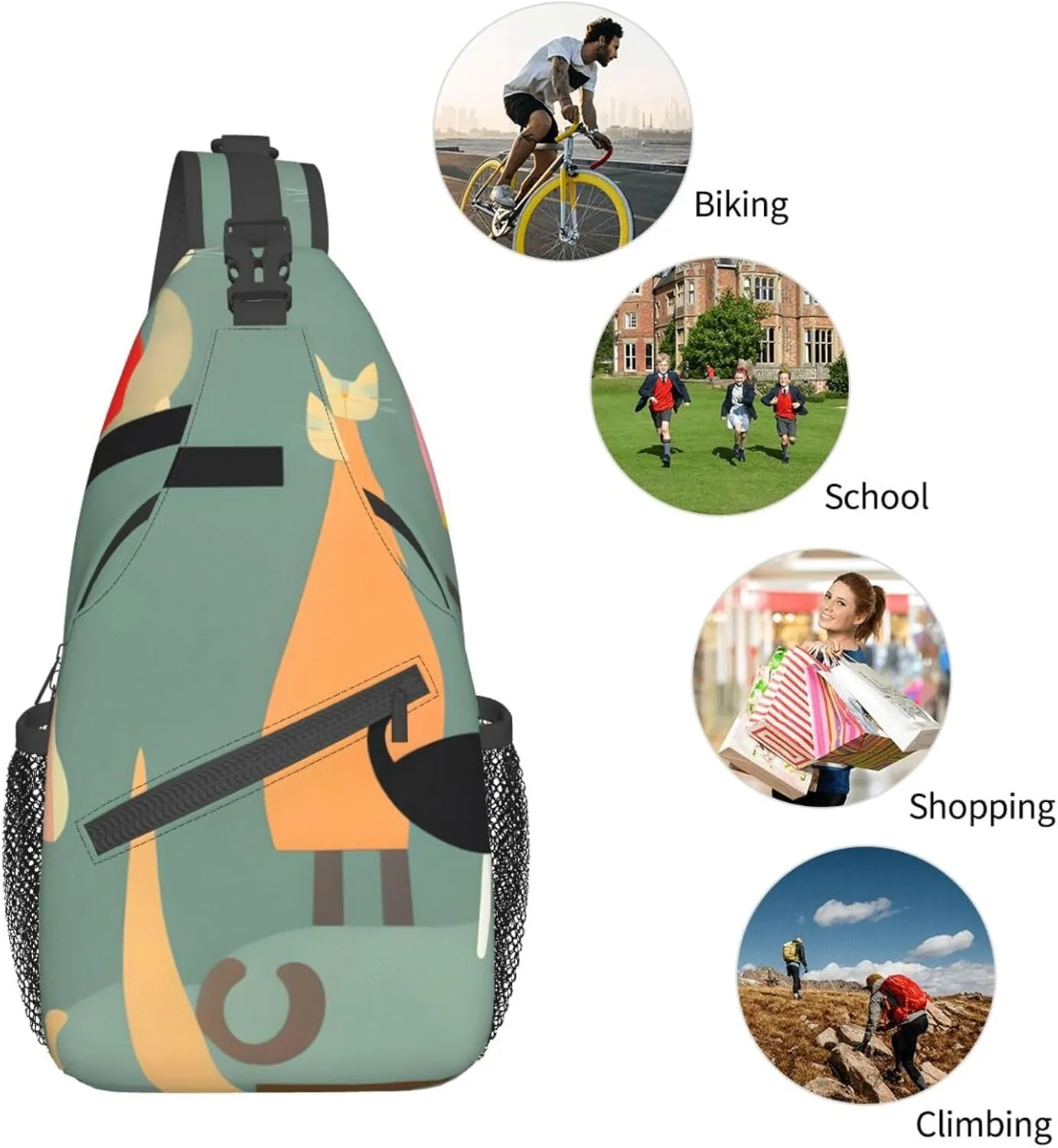 Mid-Century Modern Art Cats High Storage Capacity Chest Bag Diagonally Sling Backpack Crossbody Shoulder Bag For Men Women