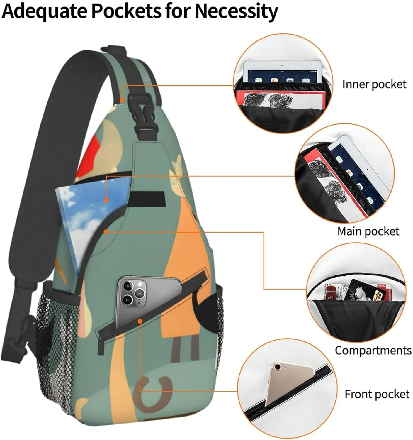 Mid-Century Modern Art Cats High Storage Capacity Chest Bag Diagonally Sling Backpack Crossbody Shoulder Bag For Men Women