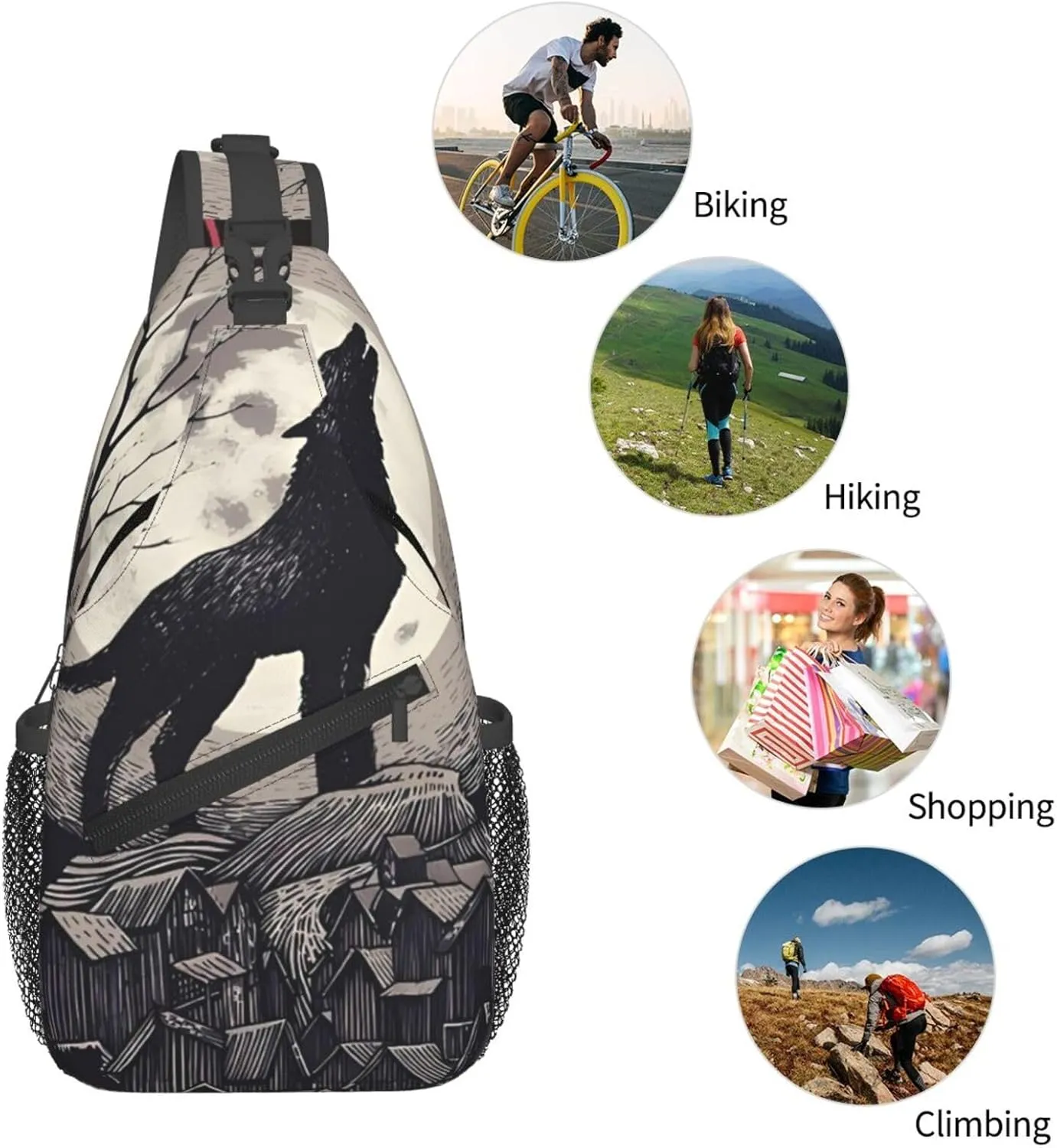 Midnight Wolf Song Crossbody For Men Women Sling Chest Bag Shoulder Bag Lightweight One Strap Backpack Multipurpose Travel Hiking Daypack