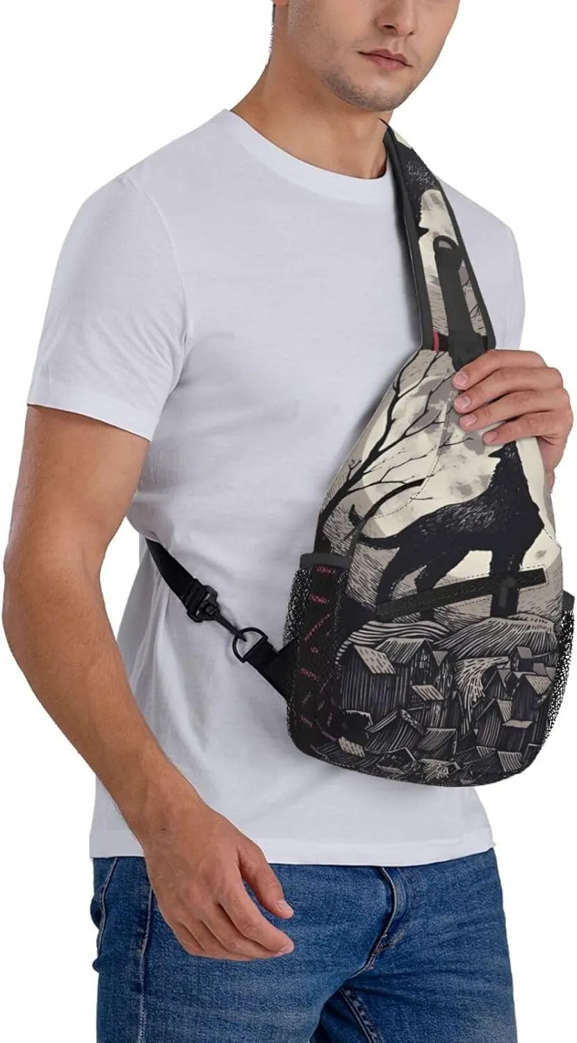 Midnight Wolf Song Crossbody For Men Women Sling Chest Bag Shoulder Bag Lightweight One Strap Backpack Multipurpose Travel Hiking Daypack