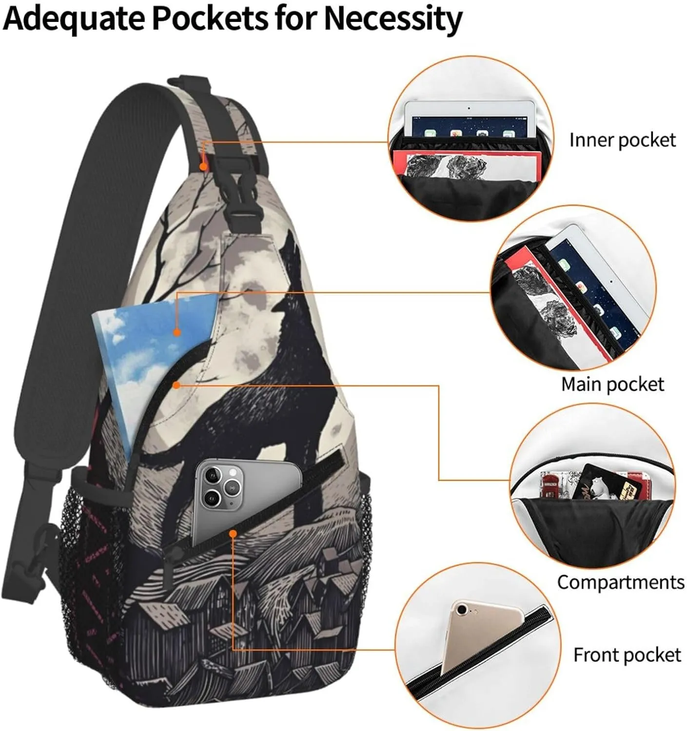 Midnight Wolf Song Crossbody For Men Women Sling Chest Bag Shoulder Bag Lightweight One Strap Backpack Multipurpose Travel Hiking Daypack
