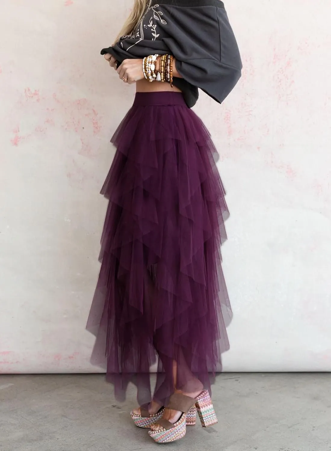 miduo Womens Fashion Casual High Waist Elastic Waist Tutu Ruffle Tiered Tulle Midi Skirts A Line Skirts