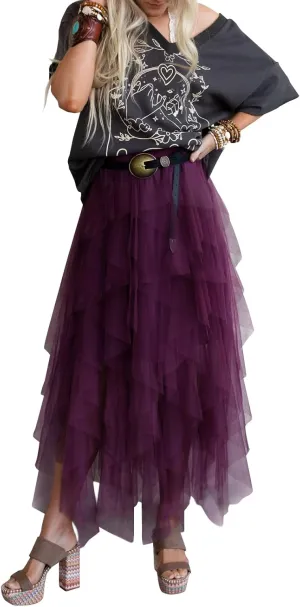 miduo Womens Fashion Casual High Waist Elastic Waist Tutu Ruffle Tiered Tulle Midi Skirts A Line Skirts
