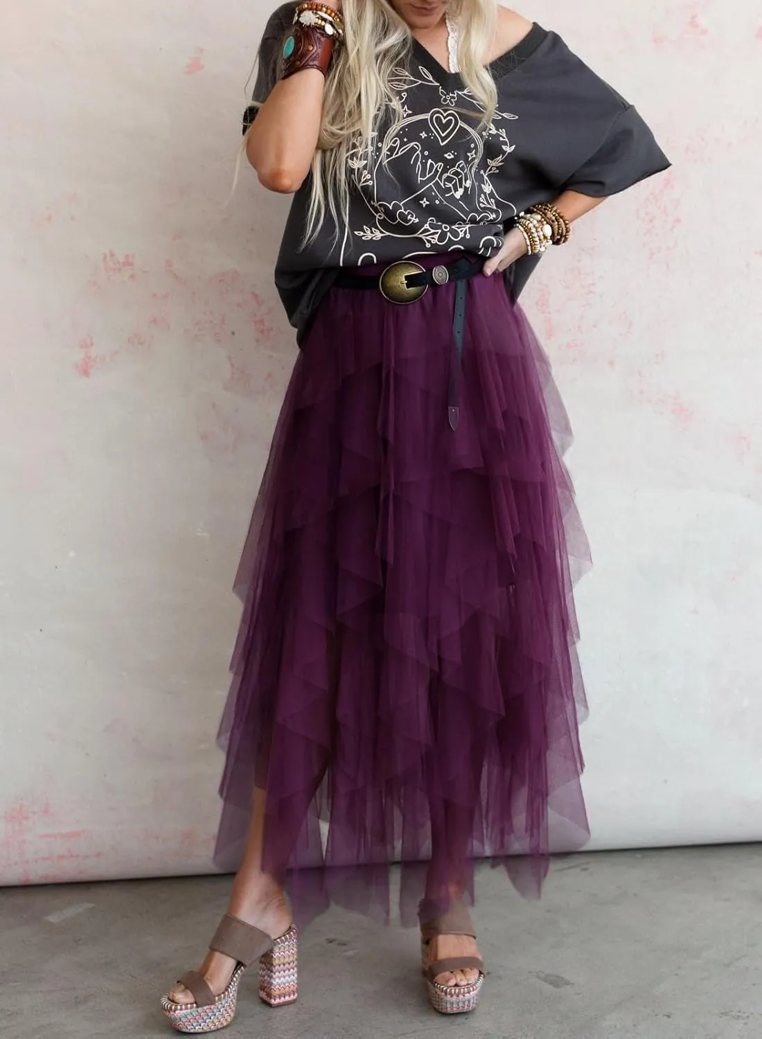 miduo Womens Fashion Casual High Waist Elastic Waist Tutu Ruffle Tiered Tulle Midi Skirts A Line Skirts