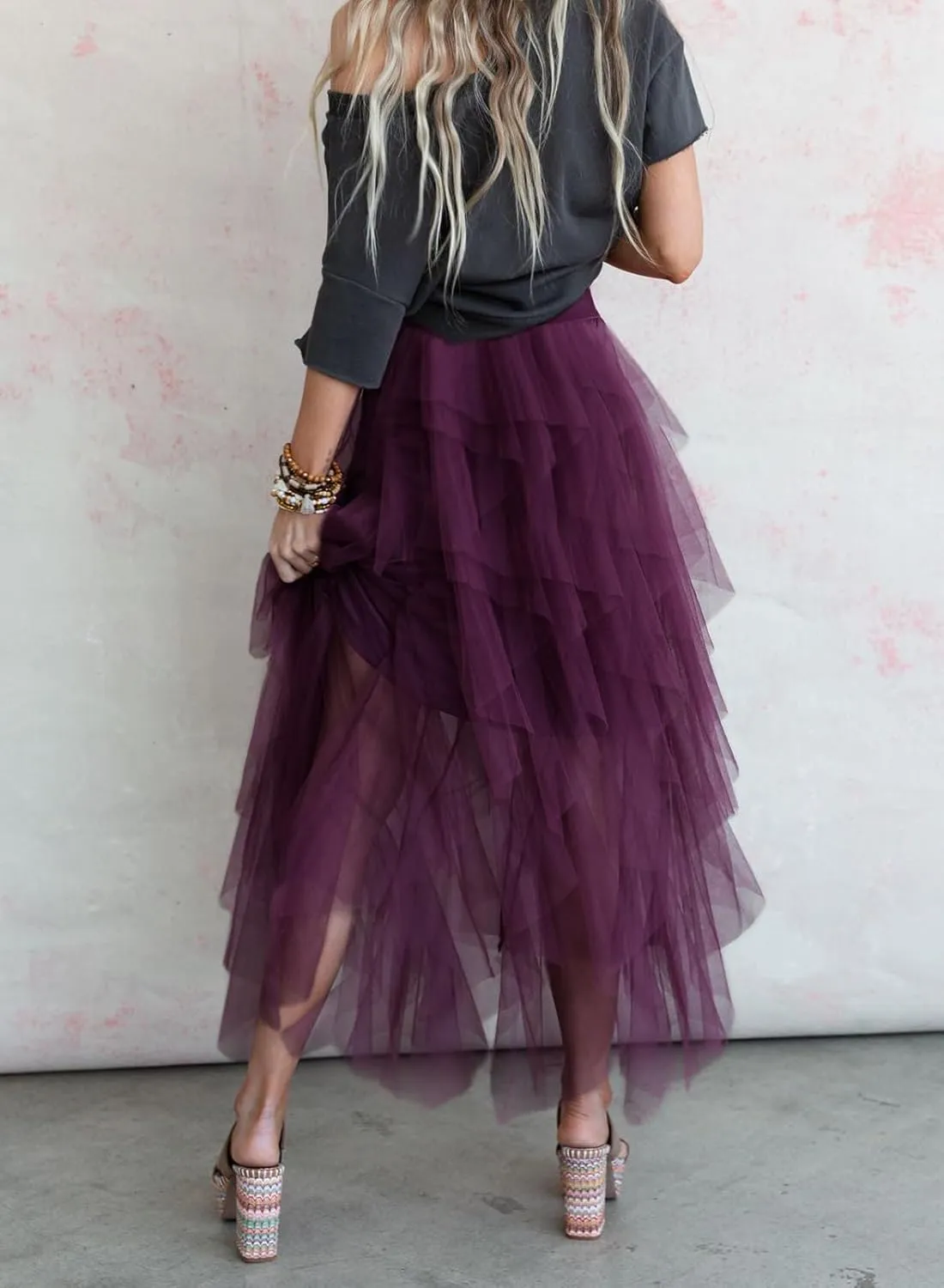 miduo Womens Fashion Casual High Waist Elastic Waist Tutu Ruffle Tiered Tulle Midi Skirts A Line Skirts