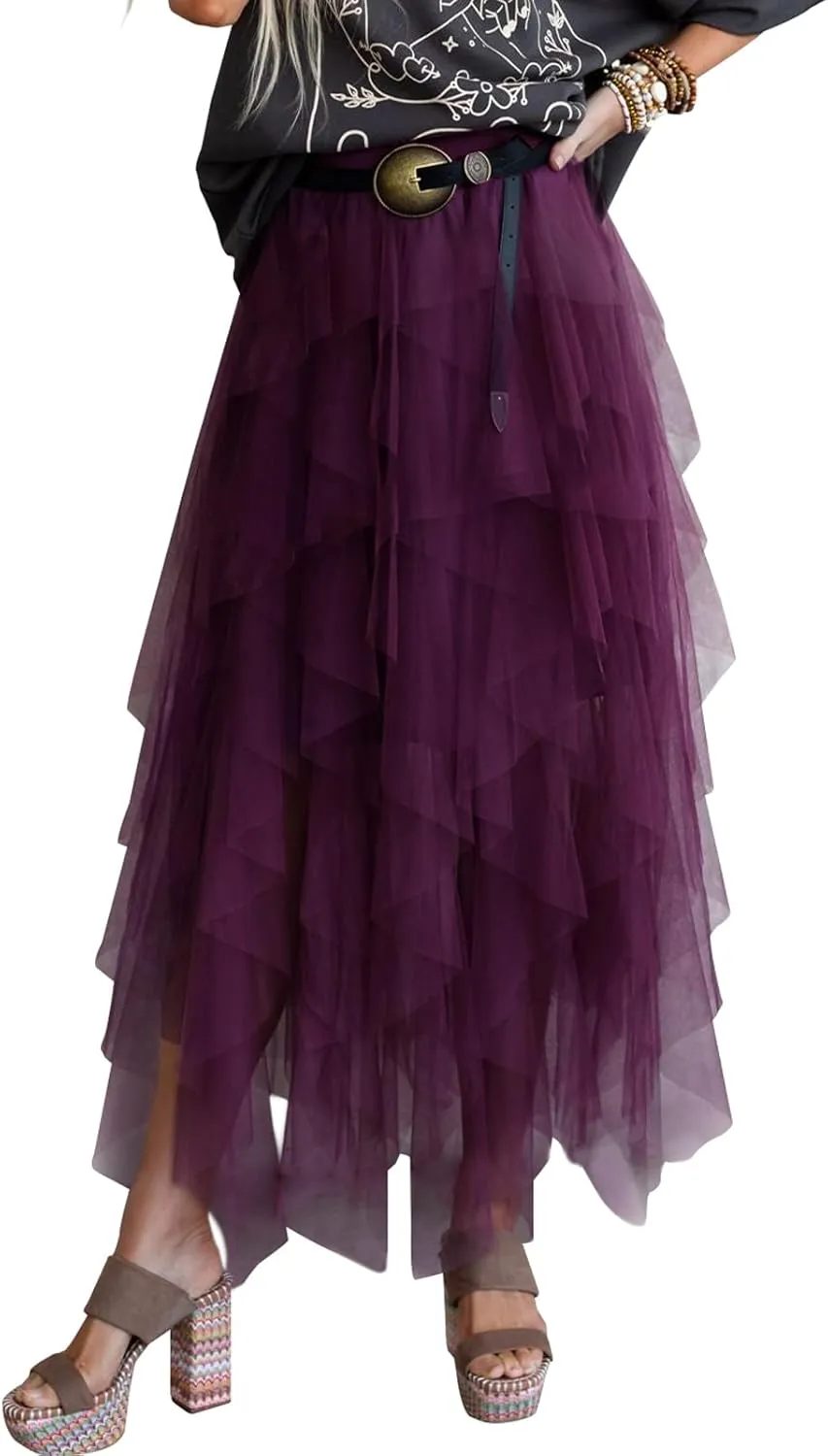 miduo Womens Fashion Casual High Waist Elastic Waist Tutu Ruffle Tiered Tulle Midi Skirts A Line Skirts