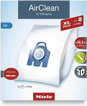 Miele Original AirClean 3D Efficiency GN Vacuum Cleaner Bags for Miele Complete C2/C3, Classic C1, and S8/S5/S2 Models, Filters More Than 99.9% of Dust, XL Pack of 8 – 10455150