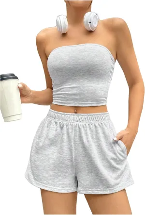 Milumia Women's 2 Piece Outfits Strapless Bandeau Crop Tube Top and Track Shorts Set