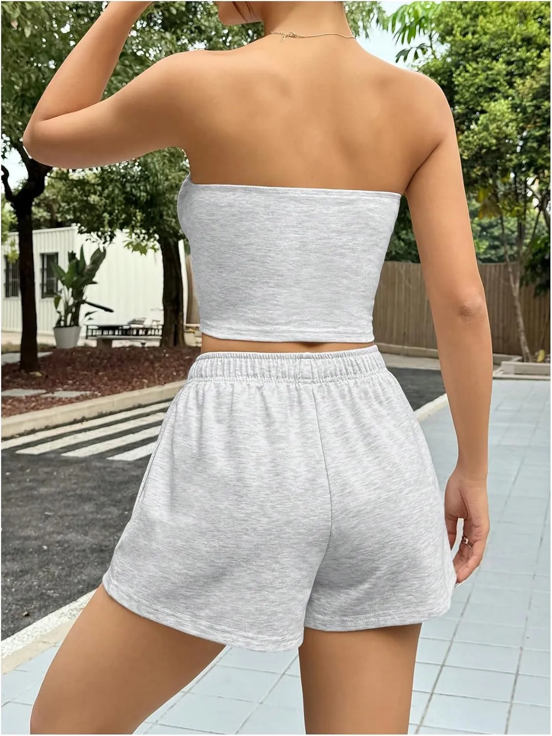 Milumia Women's 2 Piece Outfits Strapless Bandeau Crop Tube Top and Track Shorts Set
