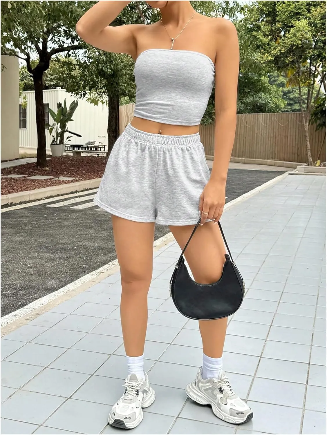 Milumia Women's 2 Piece Outfits Strapless Bandeau Crop Tube Top and Track Shorts Set