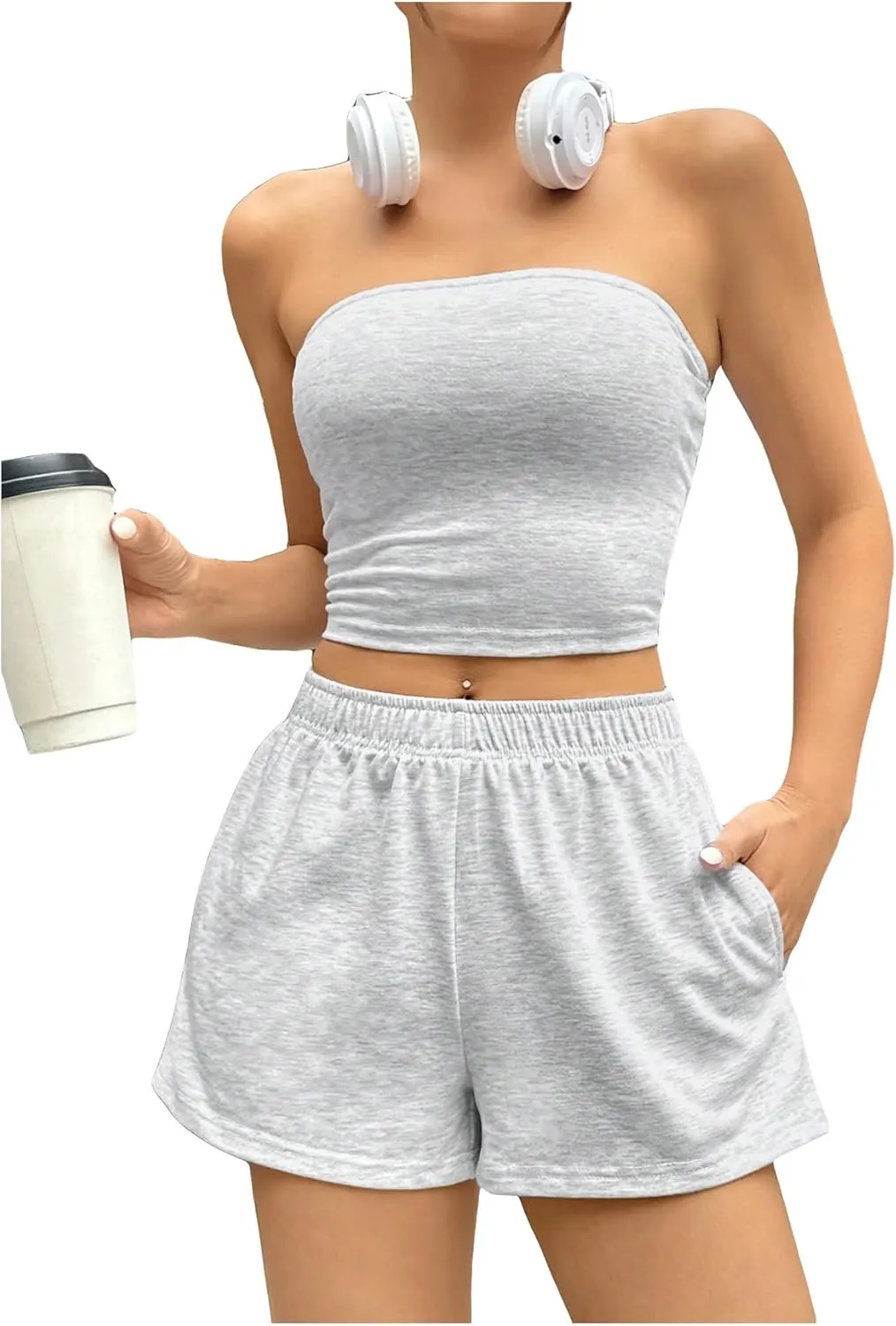 Milumia Women's 2 Piece Outfits Strapless Bandeau Crop Tube Top and Track Shorts Set