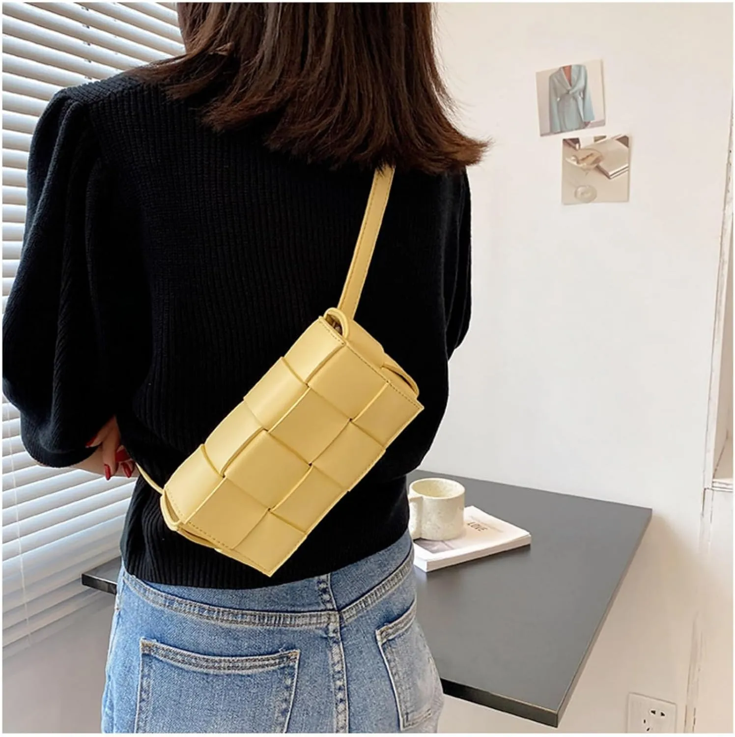 Mini Woven Crossbody Bag for Women, Square Shoulder Handbag Leather Clutch Purse Cute Fanny Packs with Adjustable Belt