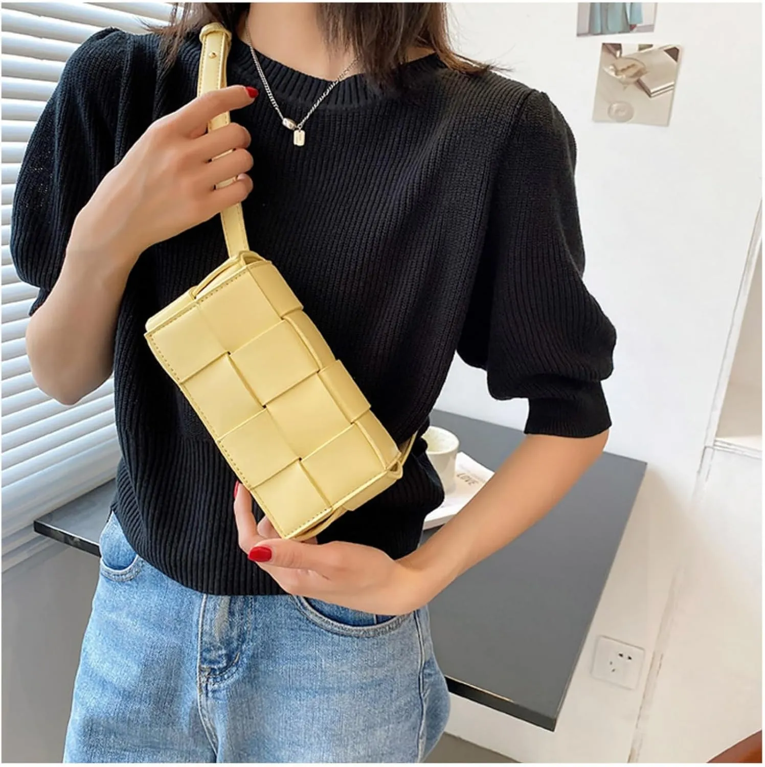 Mini Woven Crossbody Bag for Women, Square Shoulder Handbag Leather Clutch Purse Cute Fanny Packs with Adjustable Belt