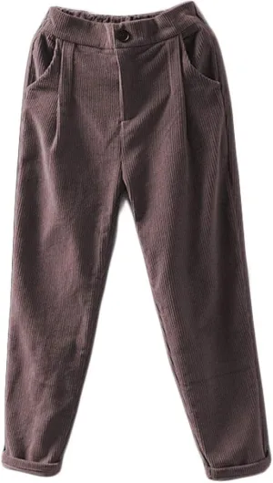 Minibee Women's Cropped Corduroy Pants Elastic Waist Retro Trouser with Pockets