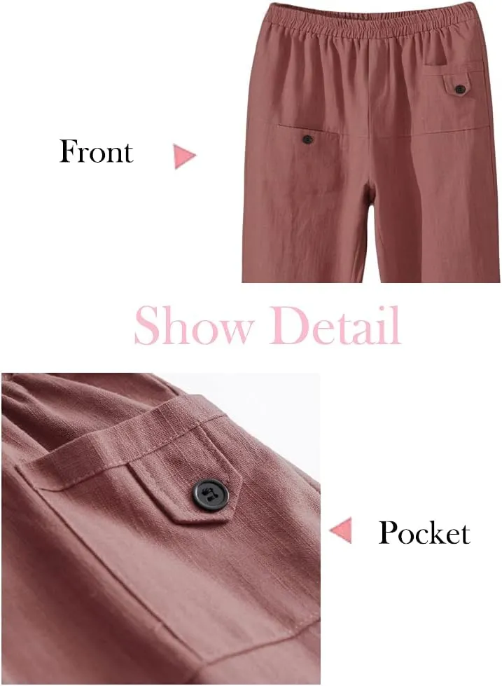 Minibee Women's Elastic Waist Casual Crop Linen Pull On Pants