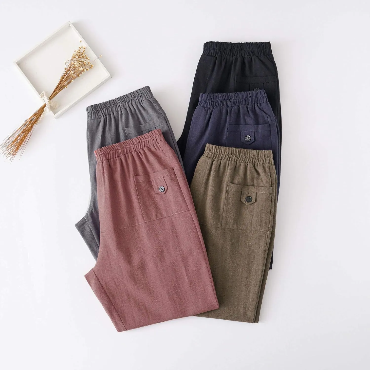 Minibee Women's Elastic Waist Casual Crop Linen Pull On Pants