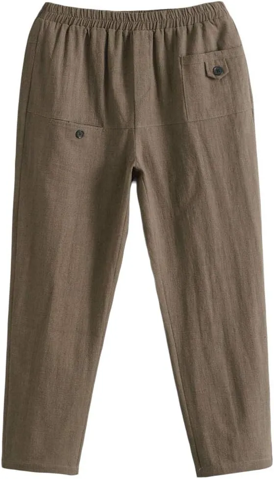 Minibee Women's Elastic Waist Casual Crop Linen Pull On Pants
