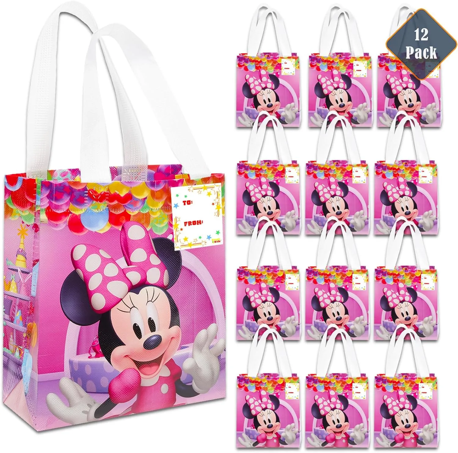 Minnie Mouse Party Favor Bag Set – 12 Pack of 8" Minnie Mouse Party Goodie Bags for Kids Bulk Reusable Mini Totes | Disney Birthday Party Supplies