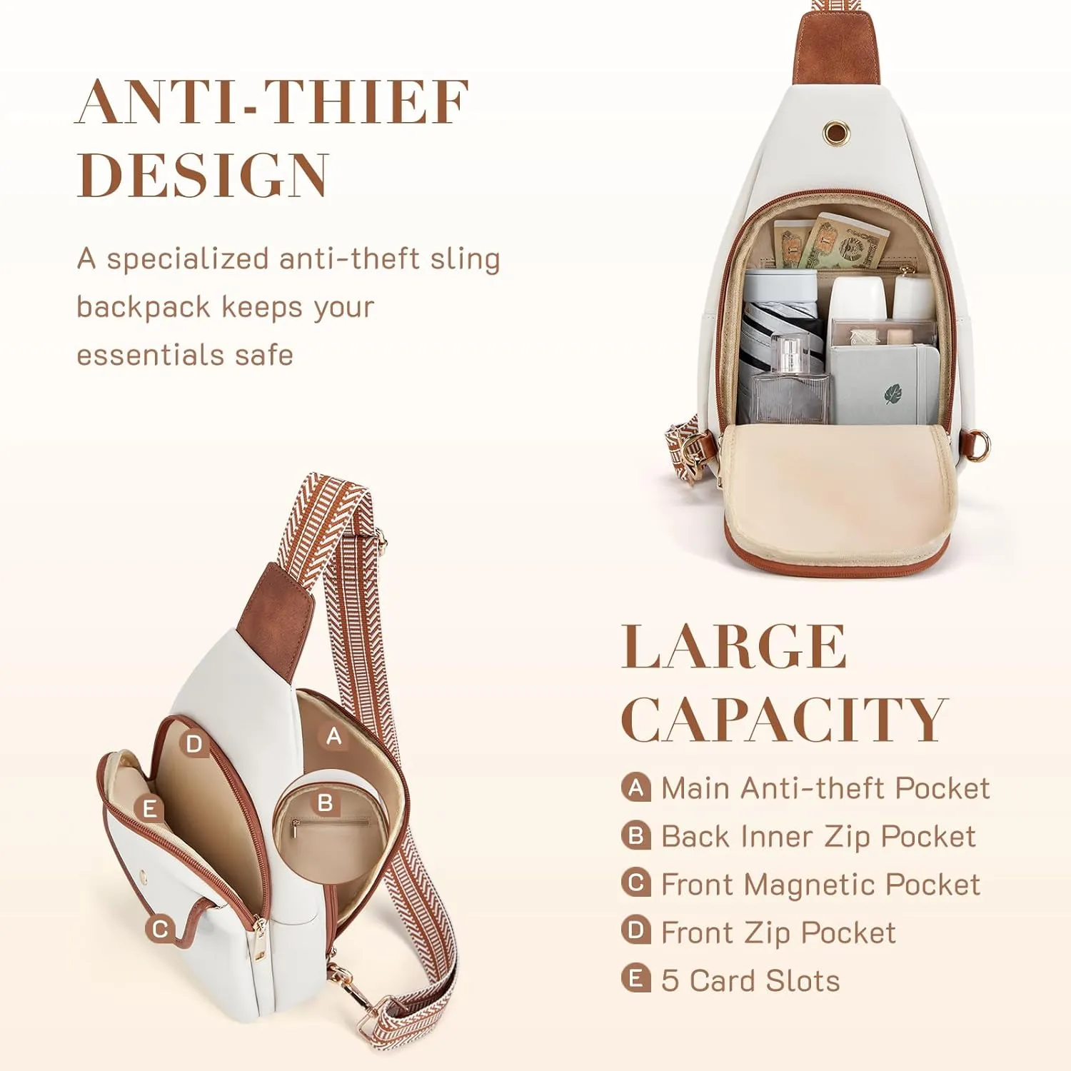 Missnine PU Leather Sling Bag for Women Quilted Chest Crossbody Trendy Travel Bag for Hiking Cycling with Tassel