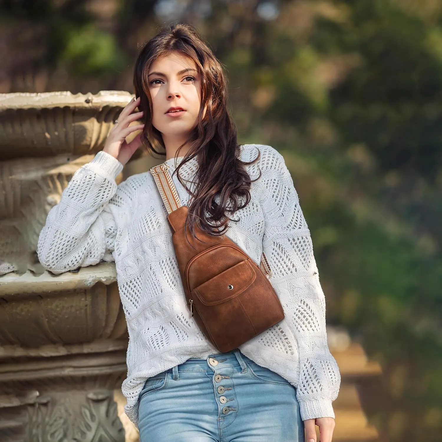 Missnine PU Leather Sling Bag for Women Quilted Chest Crossbody Trendy Travel Bag for Hiking Cycling with Tassel