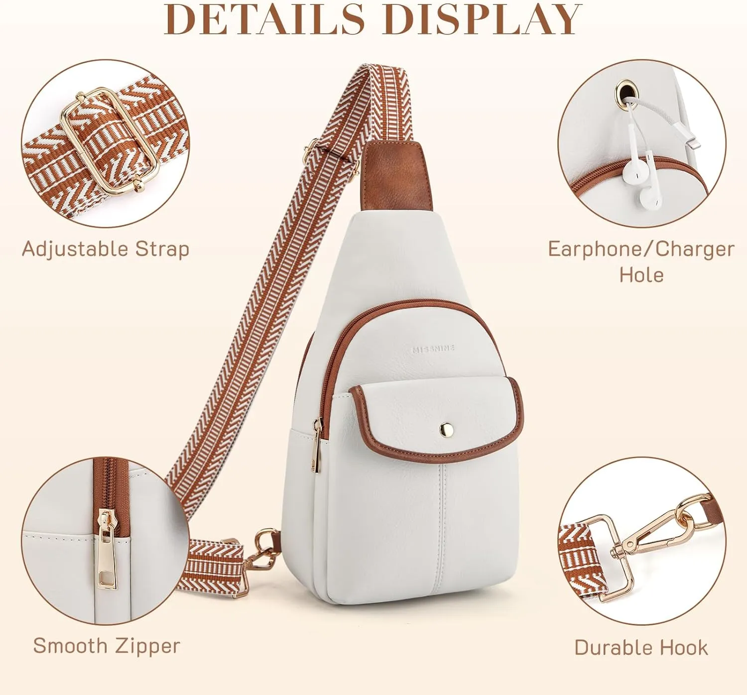 Missnine PU Leather Sling Bag for Women Quilted Chest Crossbody Trendy Travel Bag for Hiking Cycling with Tassel