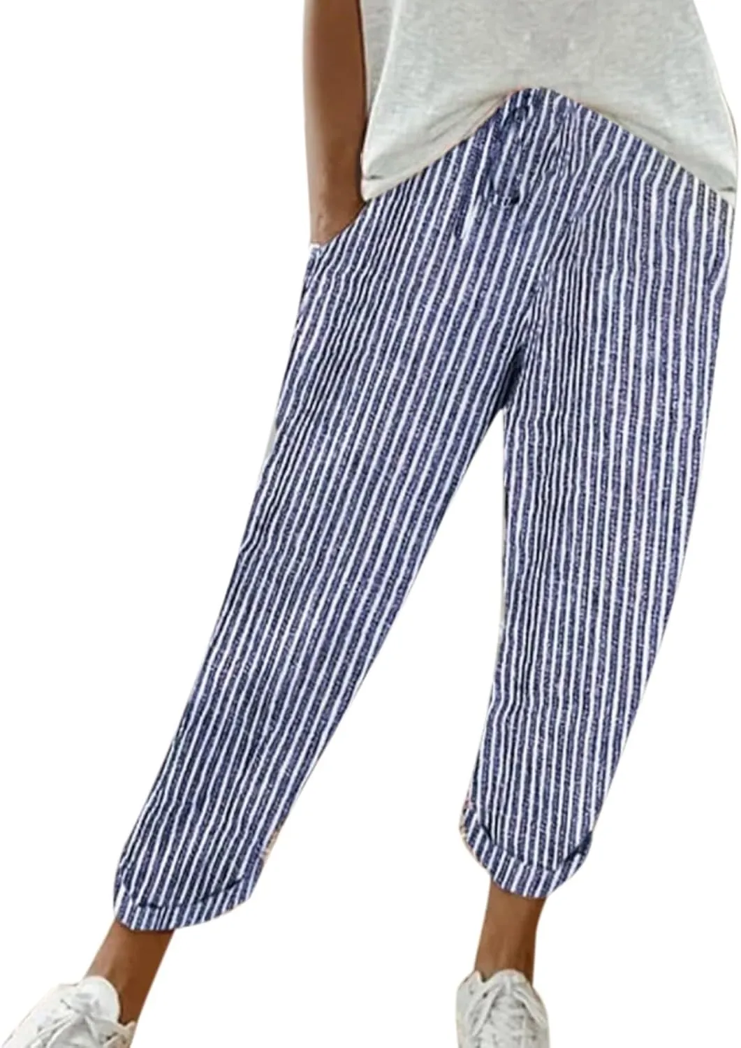 Miyaomn Women's Baggy Drawstring Linen Pants Cotton Elastic Waist Wide Leg Casual Joggers Solid Lounge Trousers with Pockets