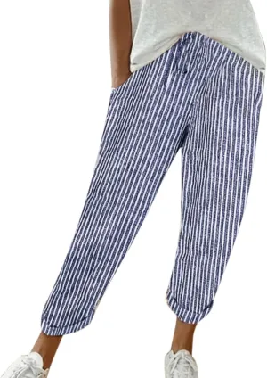 Miyaomn Women's Baggy Drawstring Linen Pants Cotton Elastic Waist Wide Leg Casual Joggers Solid Lounge Trousers with Pockets