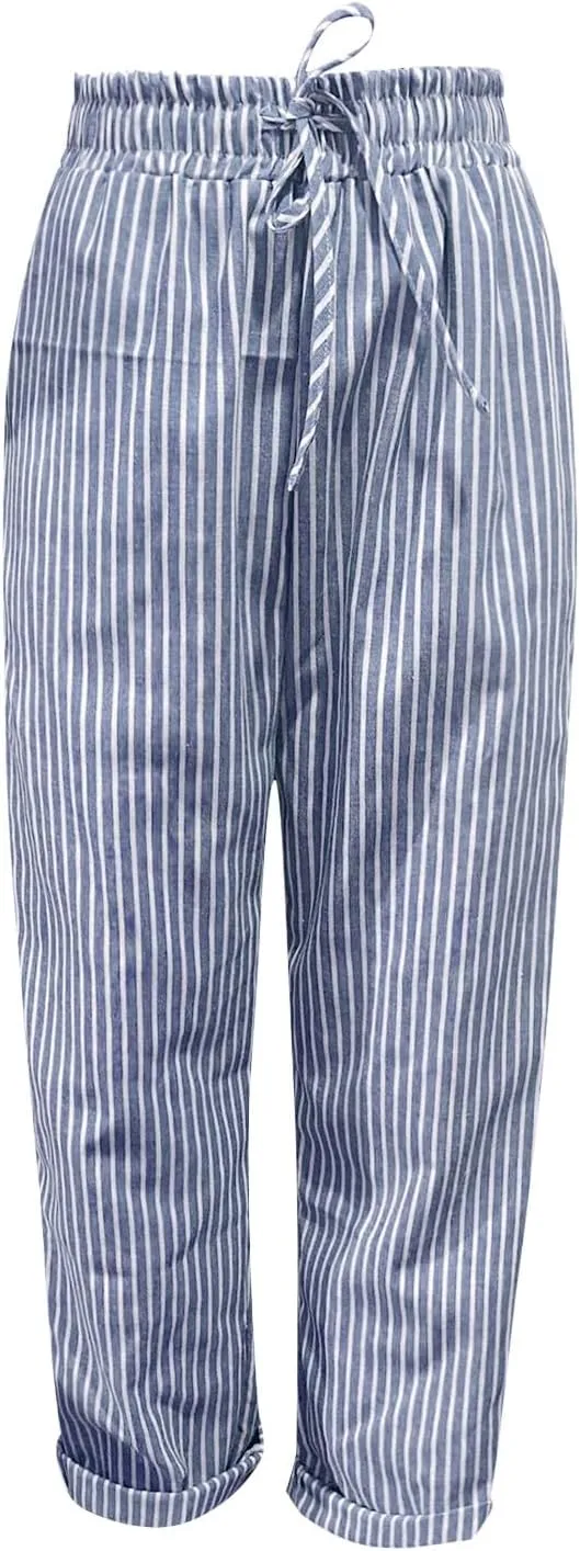 Miyaomn Women's Baggy Drawstring Linen Pants Cotton Elastic Waist Wide Leg Casual Joggers Solid Lounge Trousers with Pockets