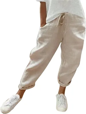 Miyaomn Women's Baggy Drawstring Linen Pants Cotton Elastic Waist Wide Leg Casual Joggers Solid Lounge Trousers with Pockets