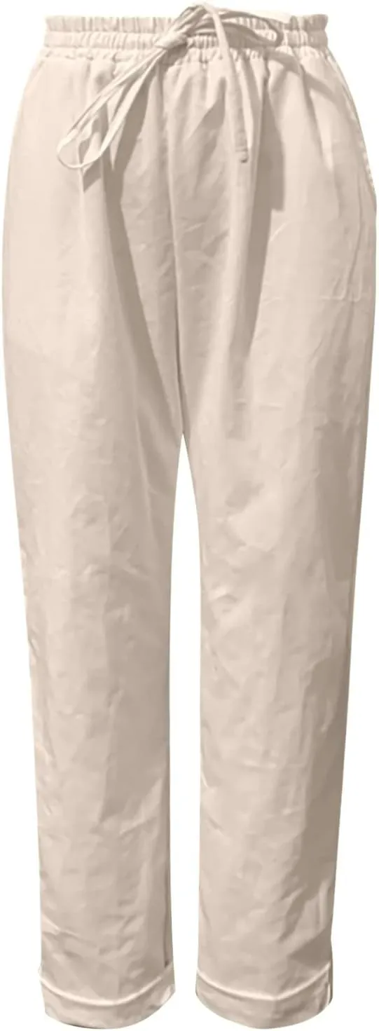 Miyaomn Women's Baggy Drawstring Linen Pants Cotton Elastic Waist Wide Leg Casual Joggers Solid Lounge Trousers with Pockets