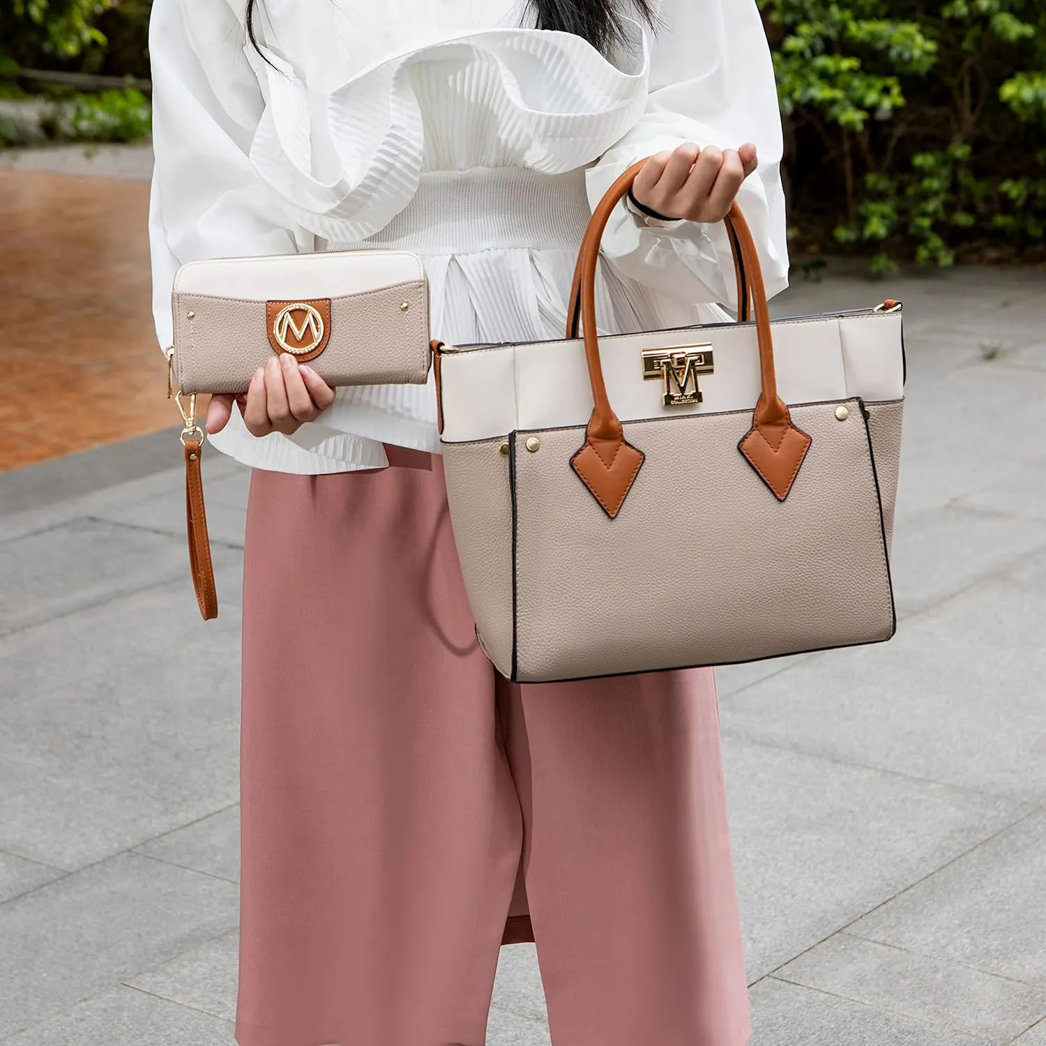 MKF Collection Designer Tote Bag for Women, Vegan Leather a Color-Block Fashion Handbag Purse with Wristlet Wallet