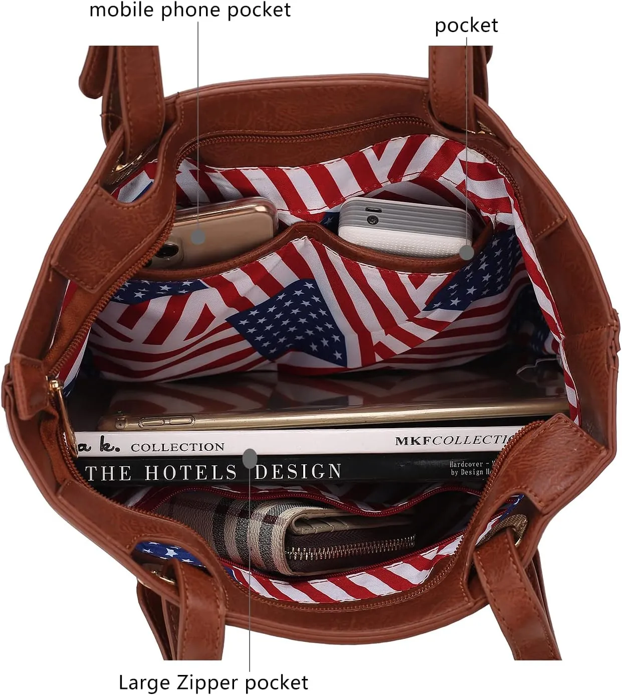 MKF Collection USA Tote Shoulder Bag for Women Vegan Leather Patriotic Handbag, Lady Fashion American Flag Satchel Purse