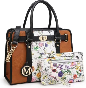 MKP Women Satchel Handbags Purses Two tone Top Handle Tote Shoulder Bags with Matching Wristlet Wallet Set 2pcs