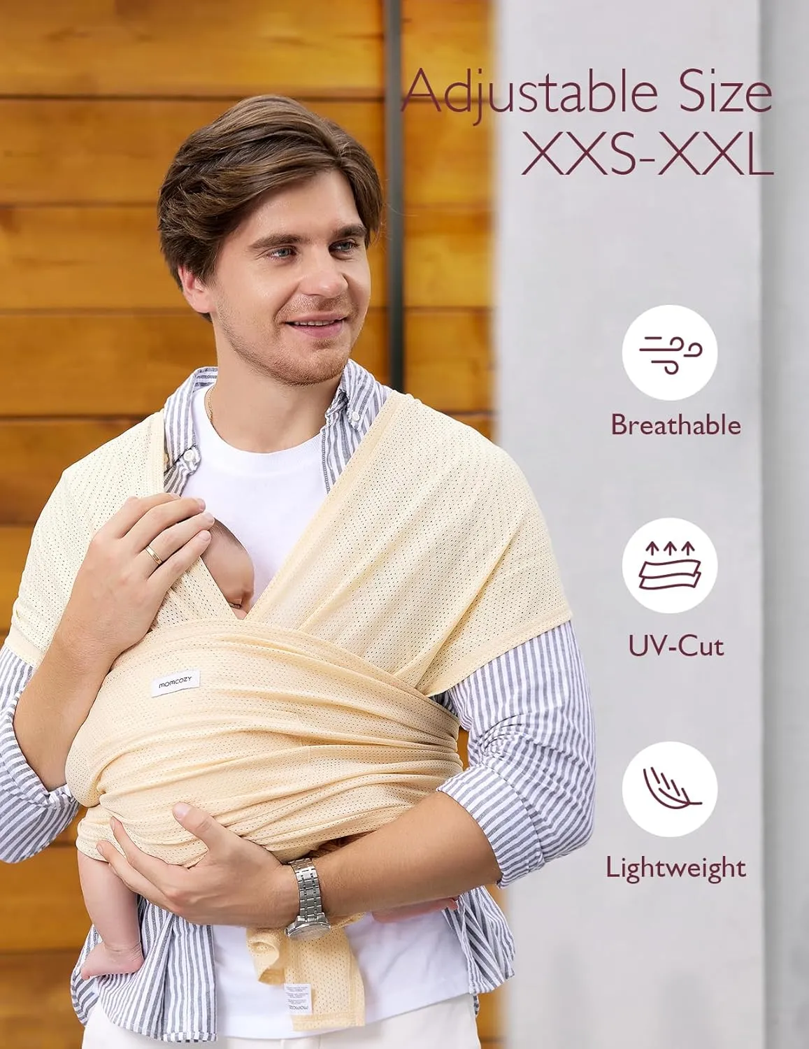 Momcozy Baby Carrier AirMesh - The Perfect Summer Sling for Newborns to Toddler 8-35 lbs - Cooling Fabric Baby Wrap, Lightweight, Ergonomic, and Easy to Wear, Beige