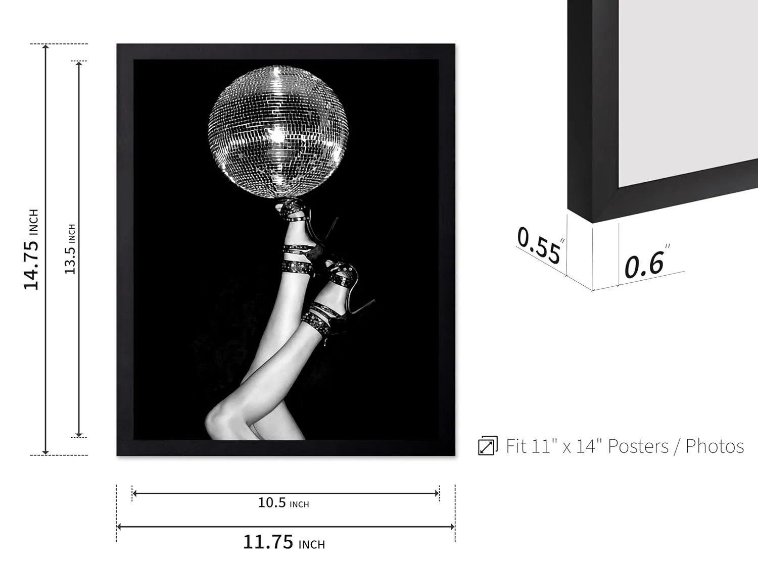 Monem Art Disco Ball On High Heels Poster - Disco Ball Print - Fashion Art - Disco Art - Groovy Art - Black and White Art - Photography Art - Girl's Bedroom or Dorm Decor - 11x14 Black Framed