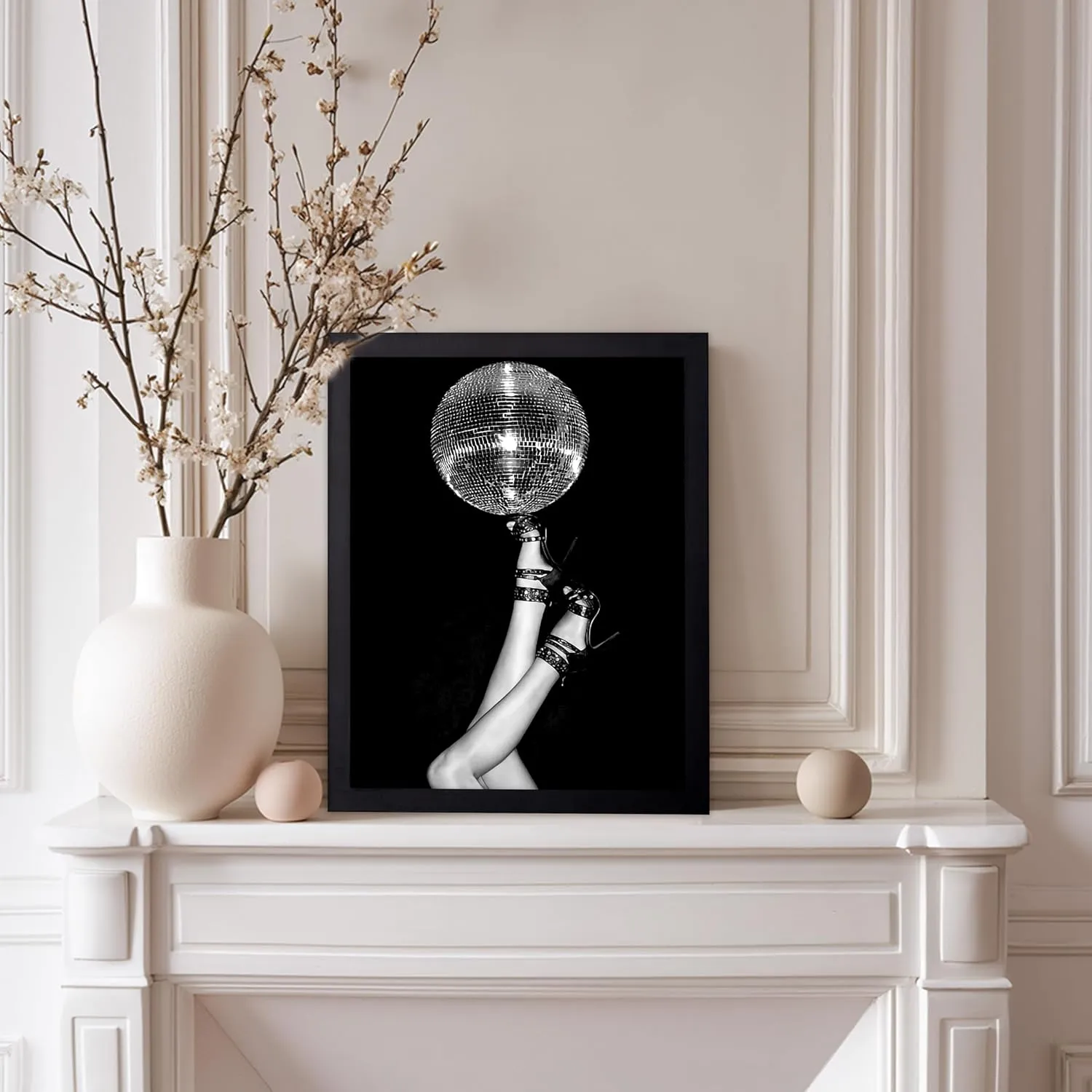 Monem Art Disco Ball On High Heels Poster - Disco Ball Print - Fashion Art - Disco Art - Groovy Art - Black and White Art - Photography Art - Girl's Bedroom or Dorm Decor - 11x14 Black Framed