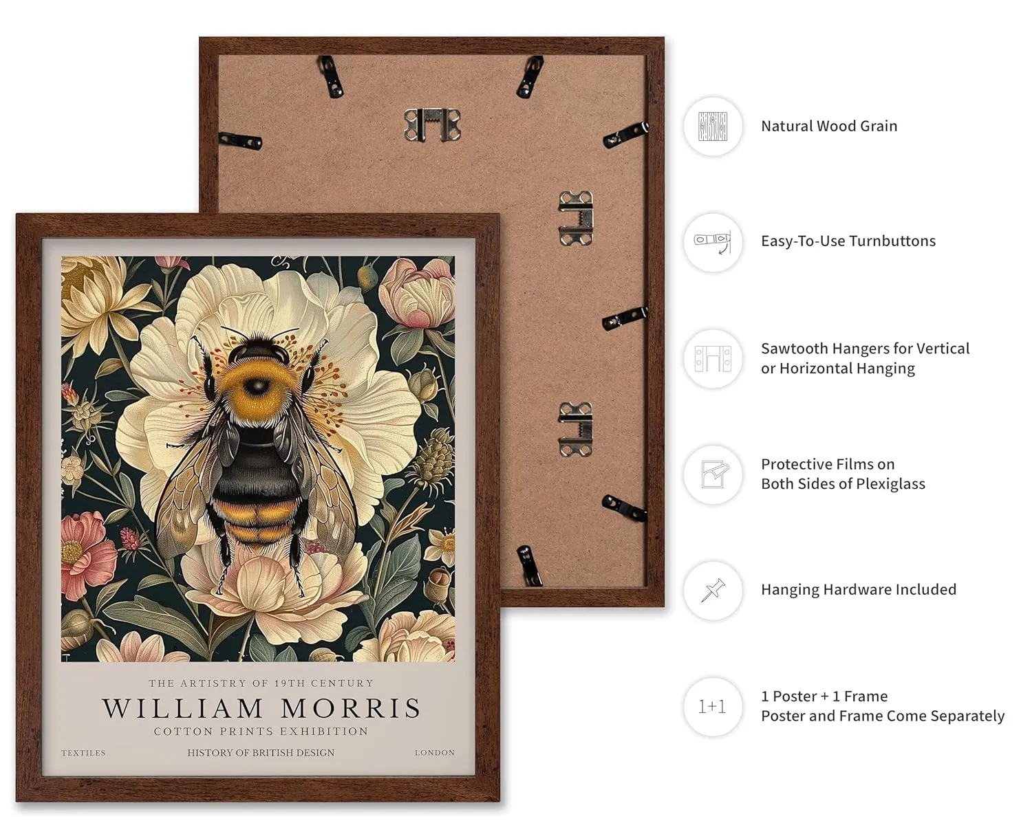 Monem Art William Morris Poster - Bumble Bee Print - Flower Art - Botanical Art - Exhibition Art - Animal Art - Floral Art - Bee Art - Aesthetic Office or Bedroom Decor - 8x10 Brown Framed