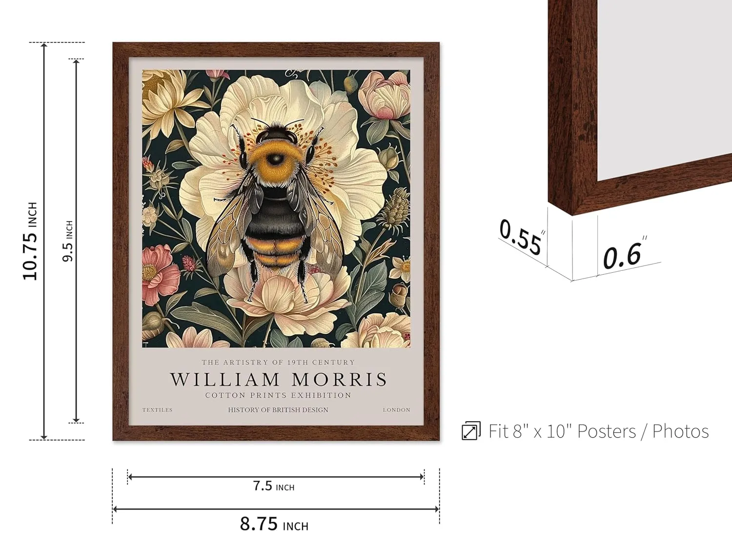 Monem Art William Morris Poster - Bumble Bee Print - Flower Art - Botanical Art - Exhibition Art - Animal Art - Floral Art - Bee Art - Aesthetic Office or Bedroom Decor - 8x10 Brown Framed