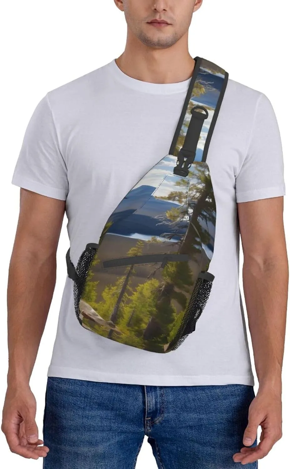 Moose Mountain Pine Tree Print High Storage Capacity Chest Bag Diagonally Sling Backpack Crossbody Shoulder Bag For Men Women