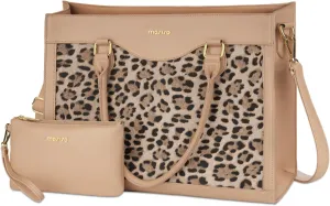 MOSISO Laptop Tote Bag with Large Capacity, 15.6 inch PU Leather Leopard Grain Laptop Bag for Women & Clutch Purse, Waterproof Computer Bags Work Briefcase for Business Office, Apricot