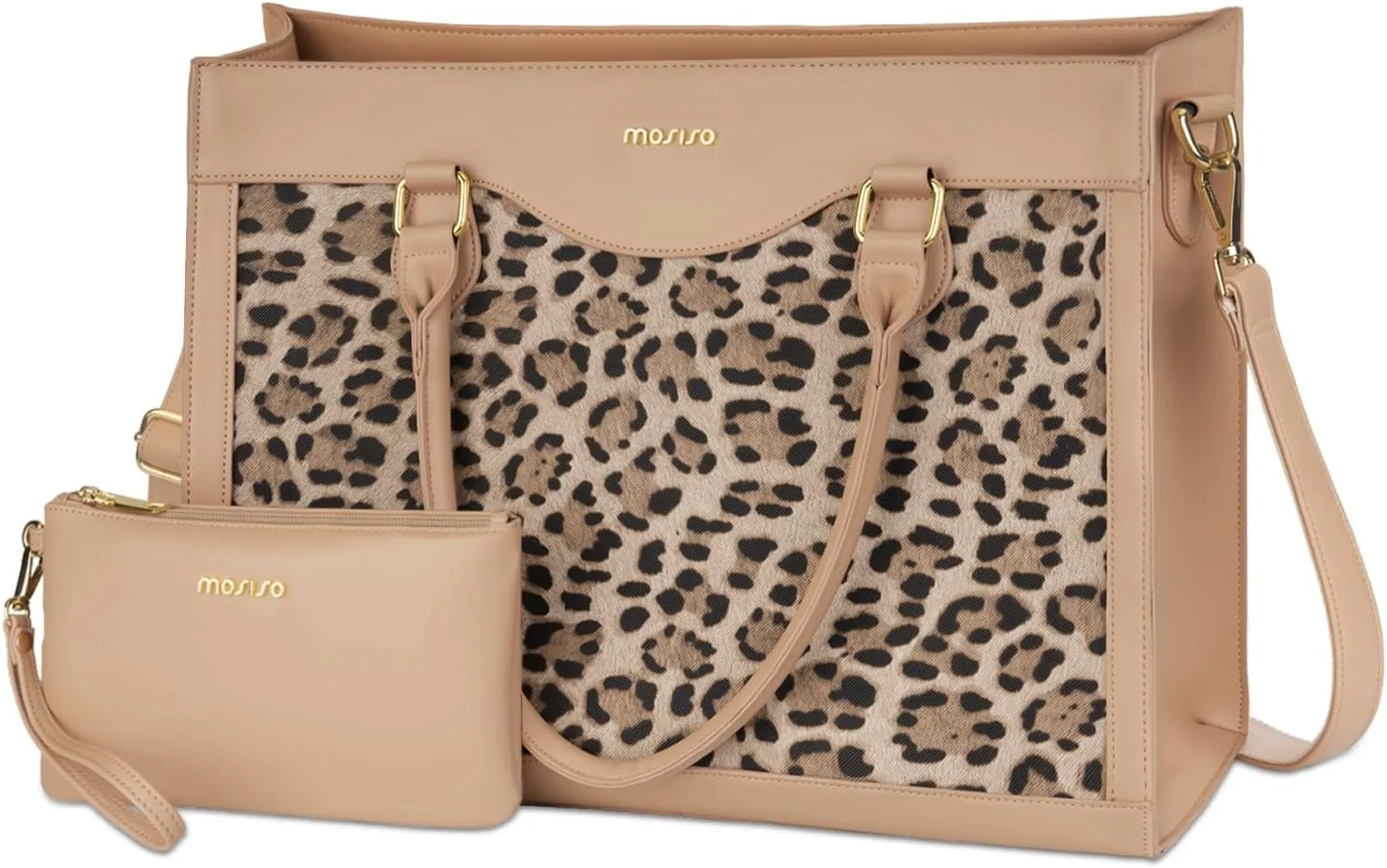 MOSISO Laptop Tote Bag with Large Capacity, 15.6 inch PU Leather Leopard Grain Laptop Bag for Women & Clutch Purse, Waterproof Computer Bags Work Briefcase for Business Office, Apricot
