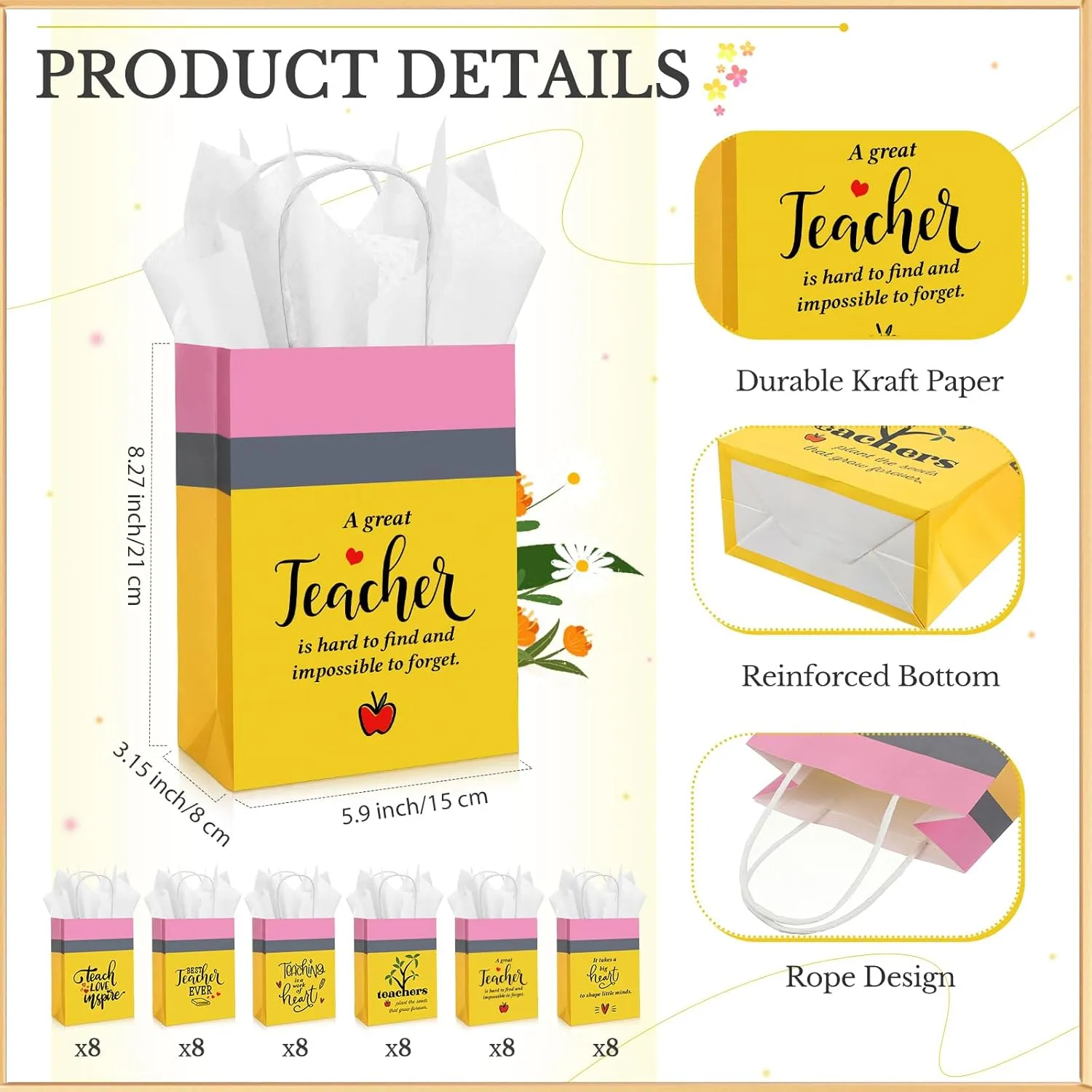 Motipuns 48 Sets Teacher Appreciation Week Gift Bags with Tissue Paper Best Teacher Ever Kraft Paper Bags with Handle Thank You Gifts for National Teachers' Day, 5.9 x 3.15 x 8.27 Inches