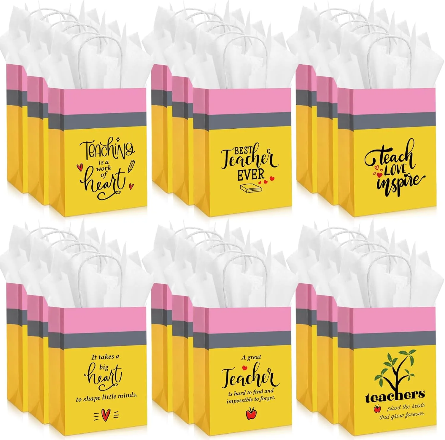 Motipuns 48 Sets Teacher Appreciation Week Gift Bags with Tissue Paper Best Teacher Ever Kraft Paper Bags with Handle Thank You Gifts for National Teachers' Day, 5.9 x 3.15 x 8.27 Inches
