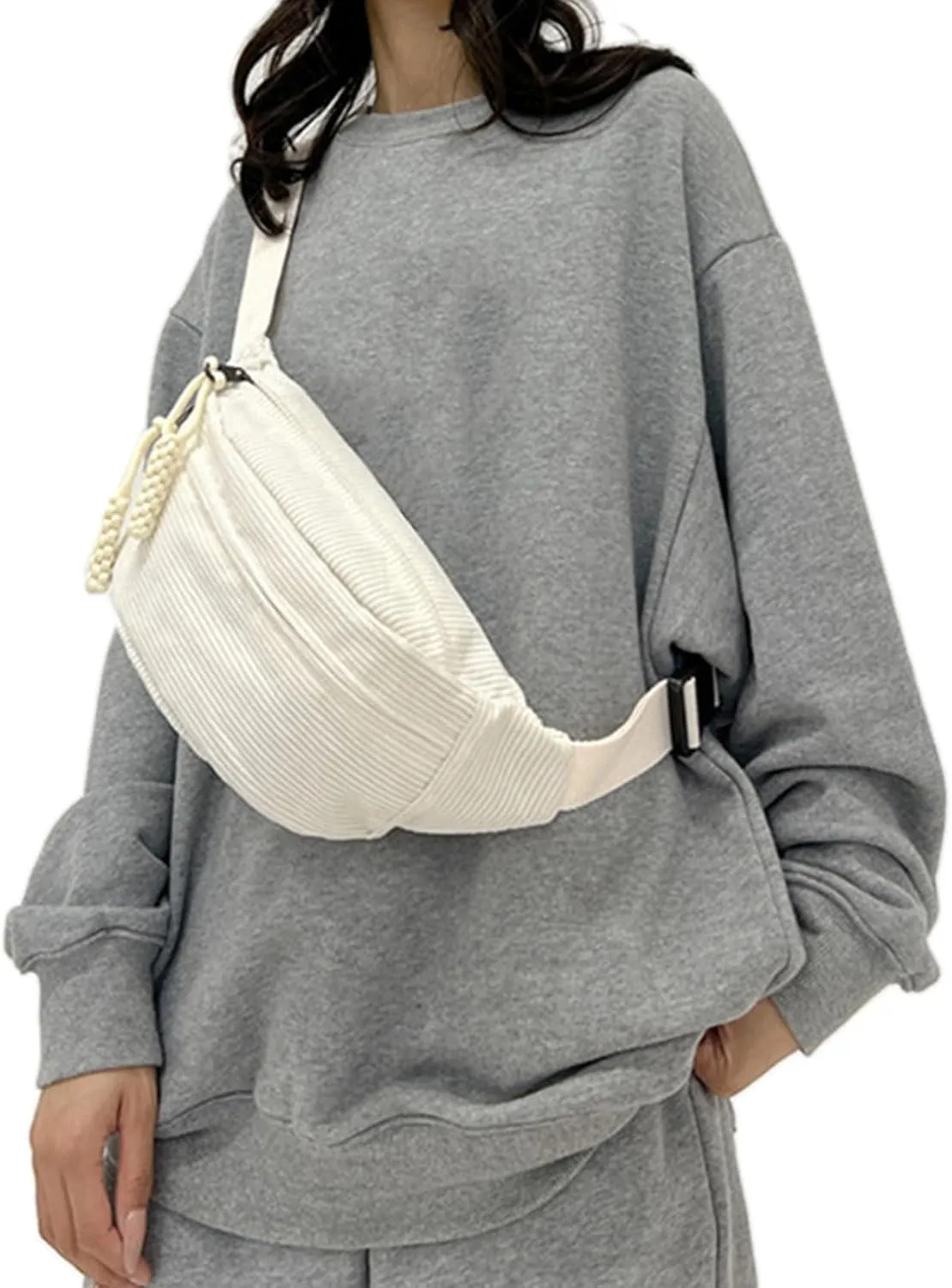Muloo Fashionable Corduroy Waist Bag for Women Stylish and Convenient Fanny Pack Chest Bags for Casual Outings, app. 34x15x11cm /13.38x5.9x4.33in, Beige