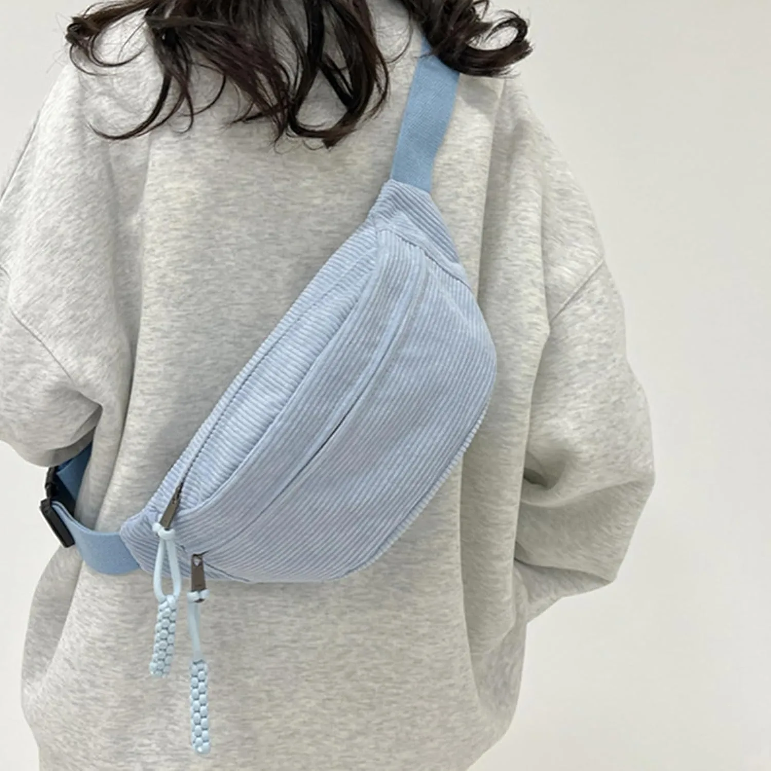 Muloo Fashionable Corduroy Waist Bag for Women Stylish and Convenient Fanny Pack Chest Bags for Casual Outings, app. 34x15x11cm /13.38x5.9x4.33in, Black