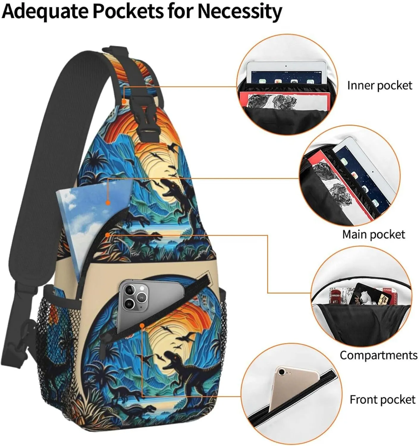 Multicolored Dinosaurs Chest Sling Bag Crossbody Shoulder Backpack Bag Gym Cycling Travel Hiking Daypack Cross Bag